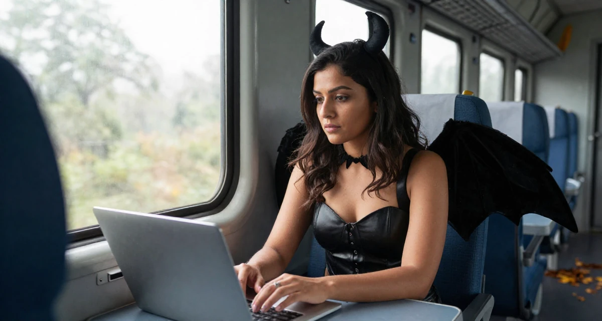 A yearning Female Born in India, studied data analytics for media in their 30, carrying the weight of years of hustling online, wearing a succubus costume with small wings and a leather bustier, typing a message in a train carriage.