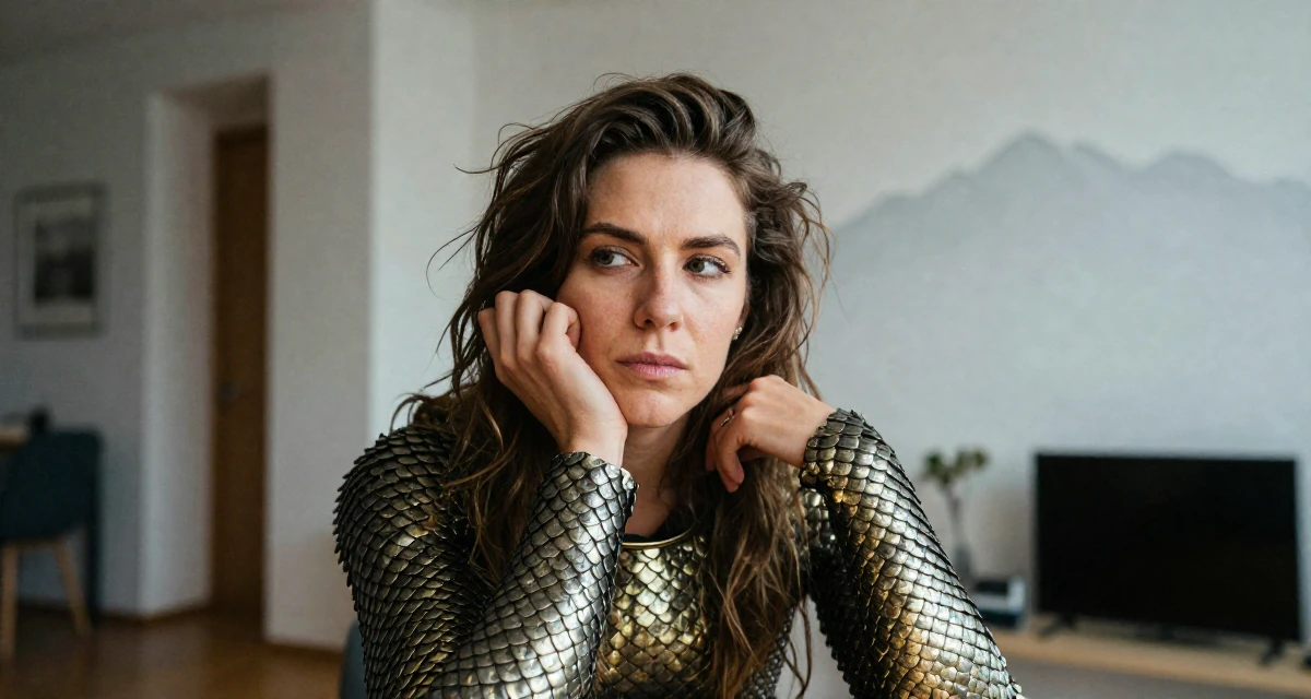 A carefree Female From Vienna Austria, studied stage performance and sensual movement in their 23, shifting from impulsiveness to intentional planning, wearing a dragon scale armor texture with metallic sheen, running fingers through hair in a modern apartment.