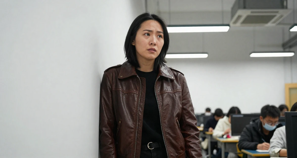 A worried Female From Chengdu China, majored in fashion design in their 28, feeling a renewed sense of ambition, wearing a vintage-inspired leather jacket look, pausing mid-step in a classroom setting.