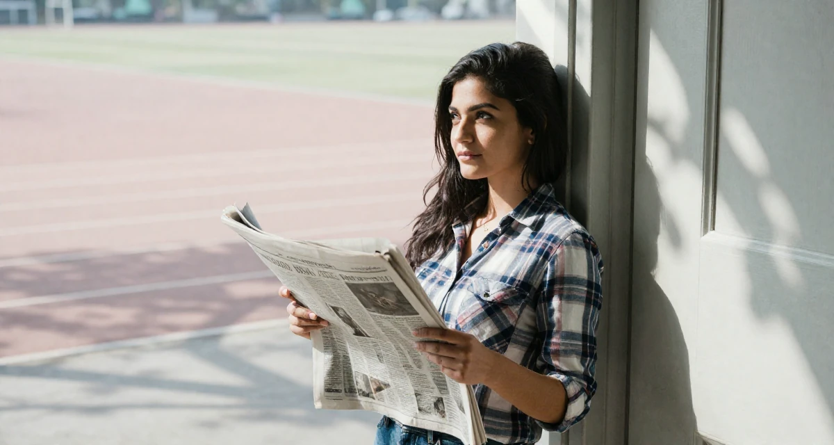 A relaxed and carefree Female Grew up in Nepal, majored in marketing analytics in their 23, balancing sensual creativity with school deadlines, wearing a casual plaid button-down, holding a newspaper in a running track.