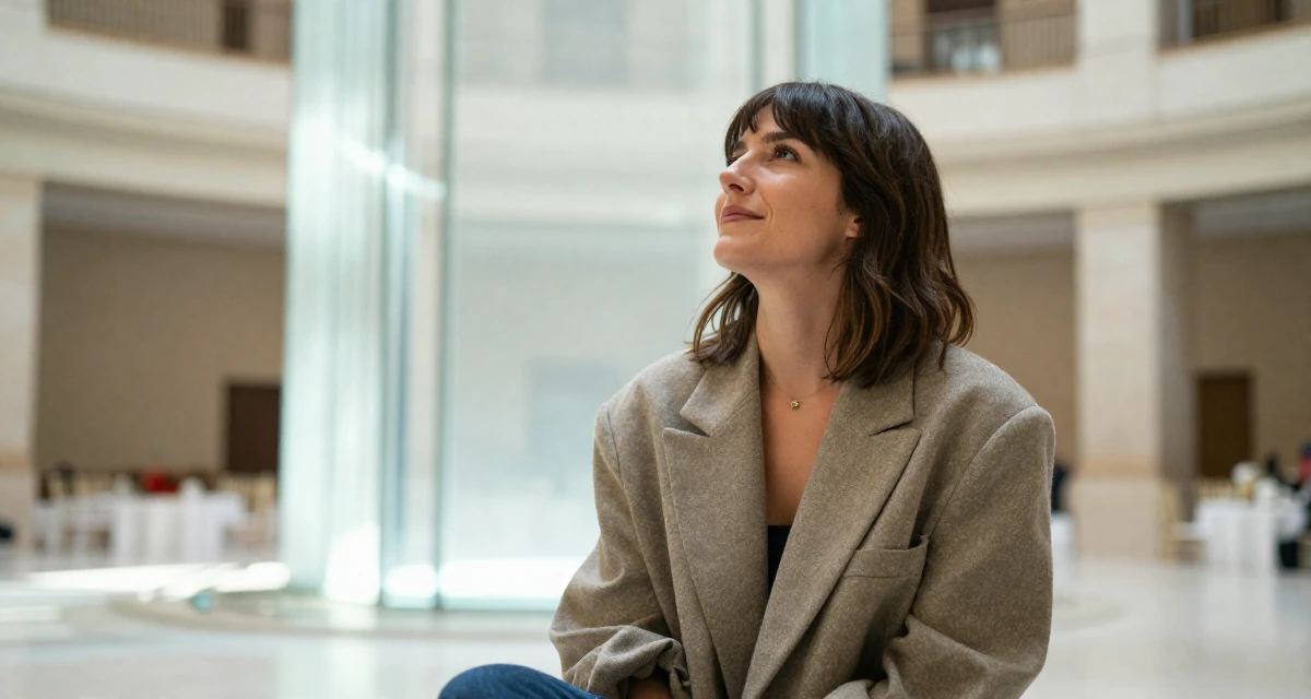 A gentle and kind Female From Spain, studied audiovisual communication in their 42, finding peace in a slower intentional lifestyle, wearing a oversized blazer draped over the shoulders, looking up at the sky in a banquet hall.