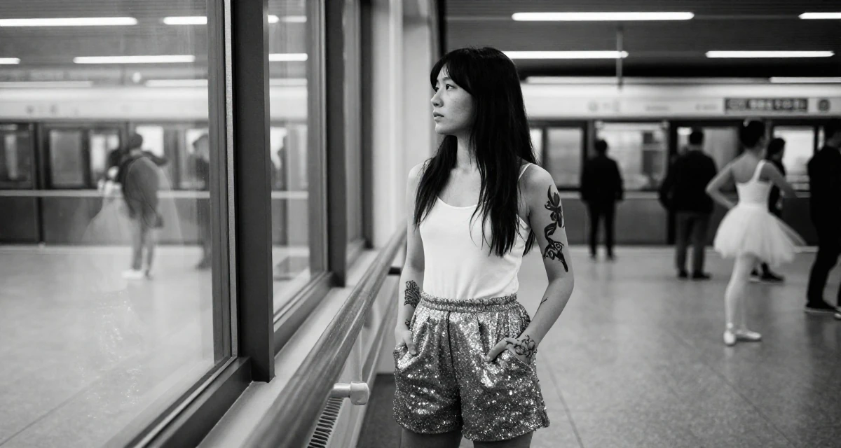 A sophisticated Female Once a tattoo apprentice, now a creator blending ink culture and lifestyle in their 20, stressing over finals and future uncertainty, wearing a magical girl anime costume with a sparkly short skirt, looking out the window in a ballet studio.