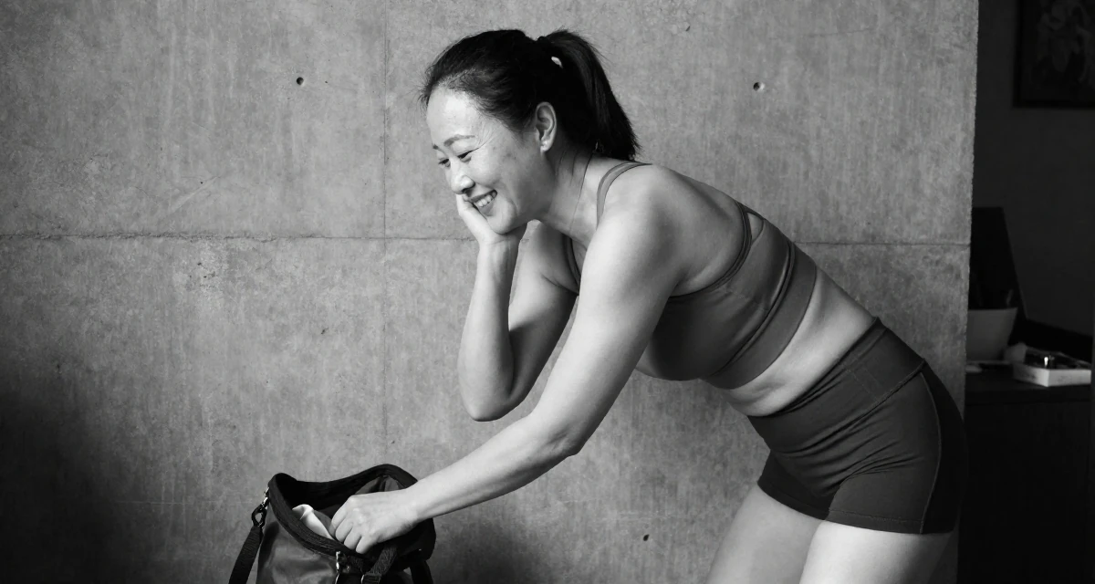 A joyful Female From Shanghai China, grew up studying dance and digital arts in their 51, switching careers later in life, wearing a strappy gym top and compression shorts, reaching into a bag in a home interior.
