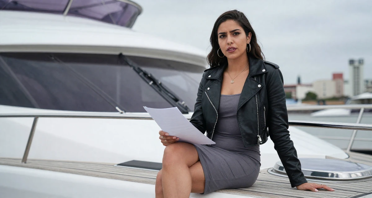 A determined Female From Mexico City Mexico, studied graphic communication in their 48, sharing stories of overcoming career setbacks, wearing a cropped leather jacket and a bodycon dress, holding a piece of paper in a yacht deck.