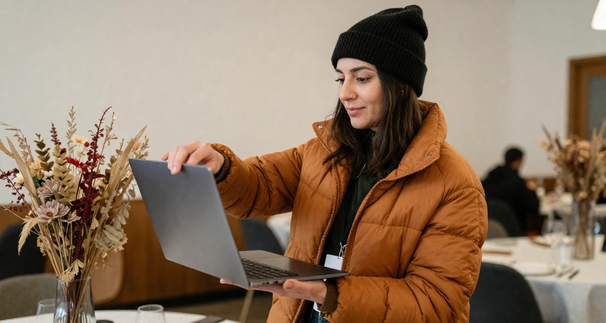 A peaceful Female Former phone-shop clerk, now combining tech and lifestyle content in their 20, experimenting with a bold new personal style, wearing a warm puffer jacket and beanie, holding a laptop in a banquet hall.