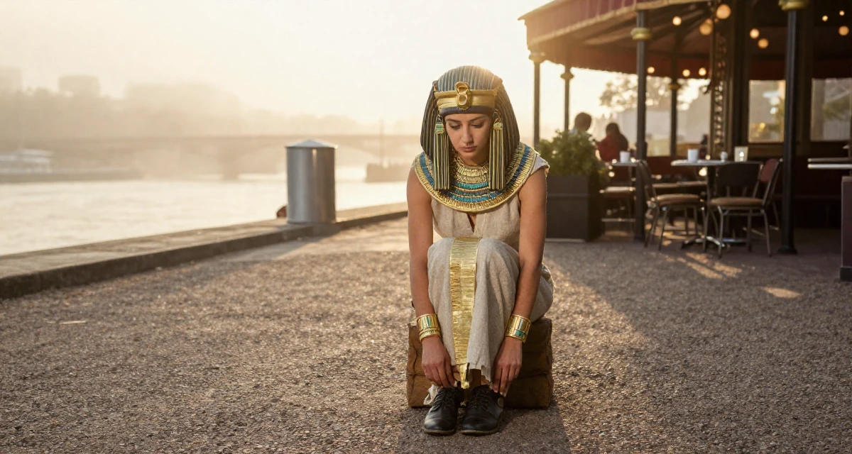 A stoic Female From Toronto Canada, studied criminology in their 24, navigating office politics for the first time, wearing a egyptian queen costume with gold collar and linen, looking down at shoes in a foggy harbor.