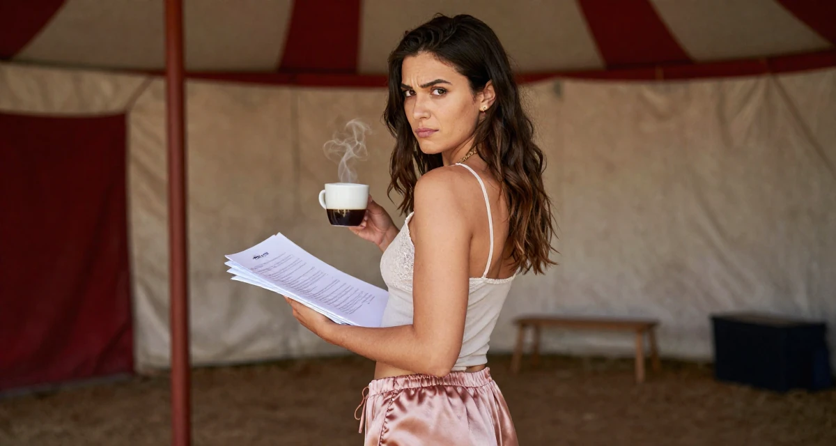 A teasing Female From USA, trained as a yoga instructor in their 24, observing peers’ progress and feeling comparison pressure, wearing a lace-trimmed camisole and silk lounge shorts, carrying a stack of documents in a circus tent interior.