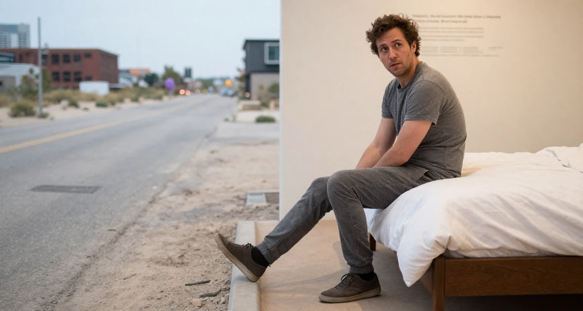 A longing male From Montreal Canada, studied erotic art history and creative expression in their 37, embracing the chaos of family life with humor, wearing a grey tones casual wear, stepping onto a curb in a museum exhibit.