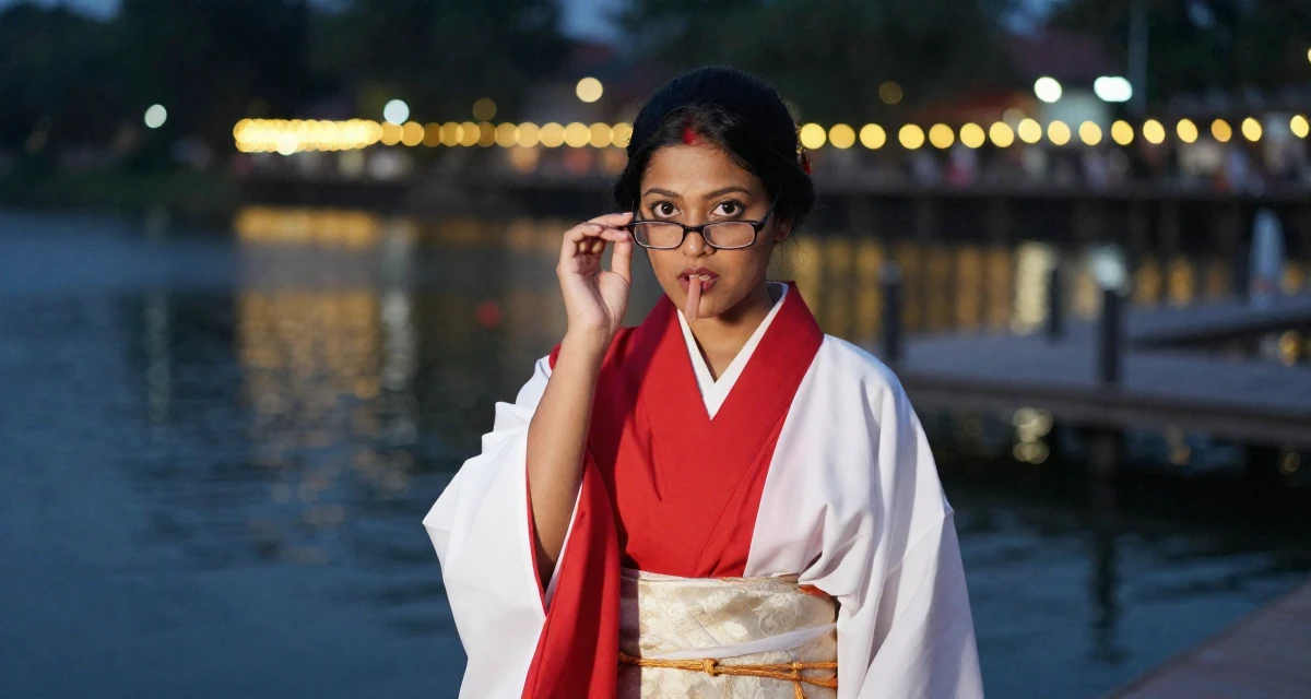A subtly surprised Female From India, based in Bangalore, graduated from a technical institute majoring in information systems in their 22, embracing a more mature, sultry brand identity, wearing a traditional Japanese miko priestess robe in red and white, adjusting glasses in a lakeside dock.