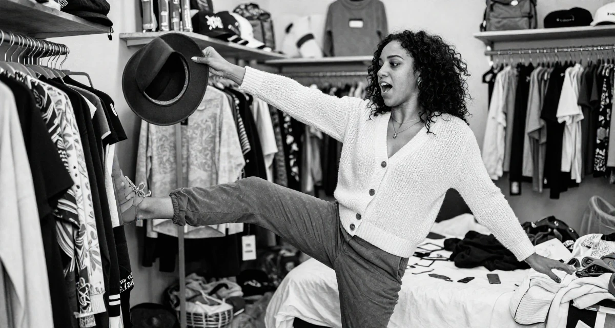 A vibrant Female From Bahamas, studied finance and banking in their 20, trying to balance academic pressure and social life, wearing a cozy knit cardigan and slacks, holding a hat in a clothing boutique.