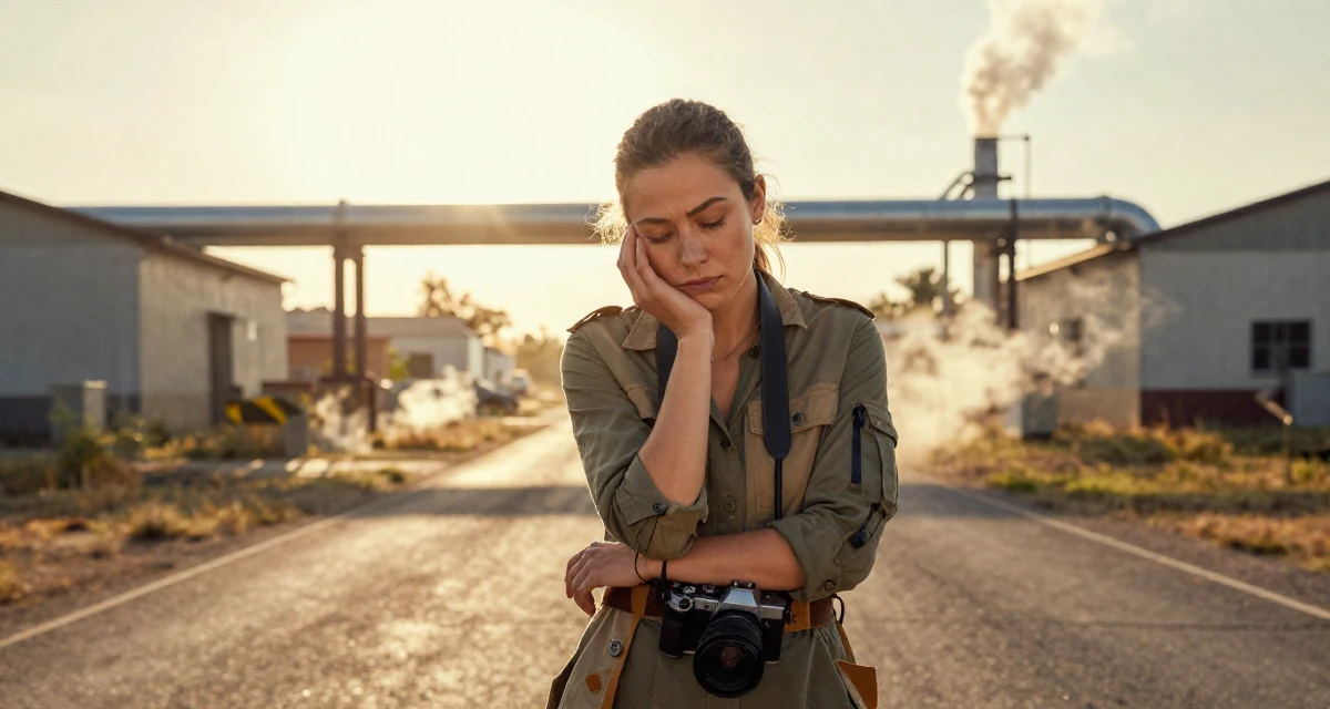 A tired Female From Mali, majored in agricultural management in their 44, building a second stream of passive income, wearing a modern utilitarian outfit, holding a camera in a country road.