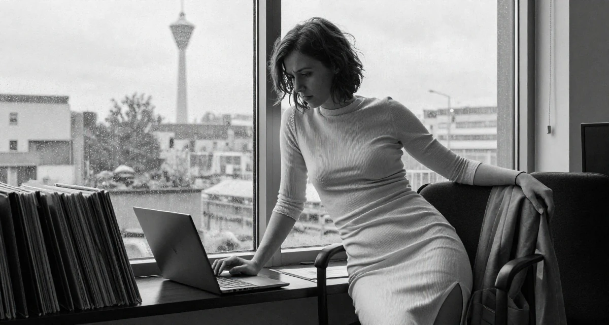A pensive Female From Germany, majored in mechanical engineering in their 22, feeling imposter syndrome in office meetings, wearing a tight ribbed midi dress with side slits, typing on a laptop in a rainy window seat.