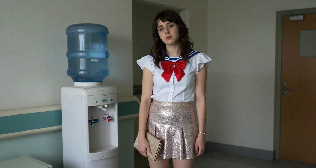 A exhausted Female Grew up in France, majored in cultural studies in their 25, developing early financial habits, wearing a magical girl anime costume with a sparkly short skirt, clutching a clutch bag in a abandoned hospital.
