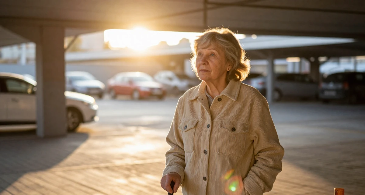 A expectant Female From Russia, studied mathematics and cybernetics in their 46, celebrating the confidence that comes with age, wearing a soft texture corduroy jacket, watching traffic pass by in a underground parking garage.
