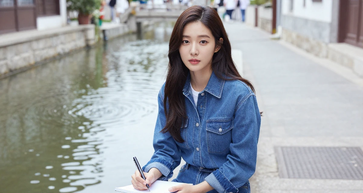 A charming Female From South Korea, studied textile design and fashion in their 25, planning next steps in personal development, wearing a fashionable denim on denim, holding a pen poised to write in a quaint European street.