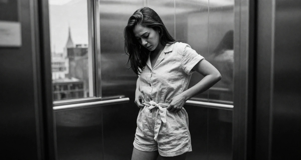 A zen-like Female Born in Indonesia, studied brand communication in their 25, managing fluctuating confidence, wearing a short romper made of soft linen fabric, adjusting a belt in a corporate elevator.