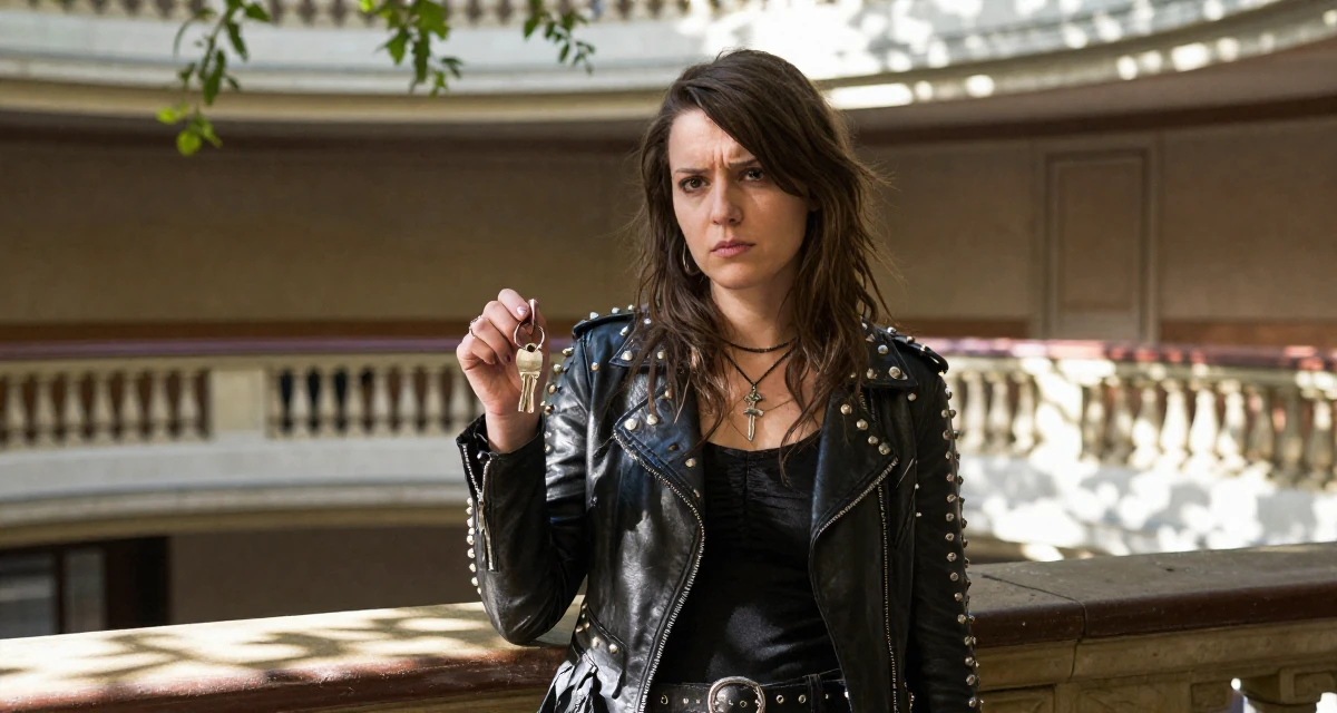 A unimpressed Female From Ireland, studied creative writing in their 20, chasing internet fame and creative validation, wearing a heavy metal rocker outfit with studs and leather, holding a set of keys in a opera house balcony.