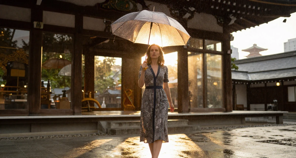 A unimpressed Female From Belarus, studied performance media in their 33, feeling a deep sense of gratitude and grounding, wearing a sophisticated midi dress, shaking rain off an umbrella in a Japanese Shinto shrine.