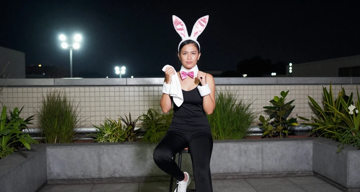 A assertive Female From Indonesia, majored in visual communication in their 37, sharing tips for successful networking, wearing a playful bunny girl costume with satin ears and cuffs, holding a gym towel in a rooftop garden.