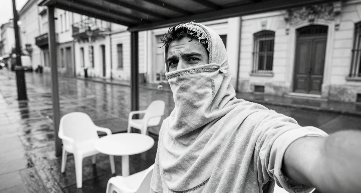 A bored male Former figure-skating student, now producing graceful aesthetic content in their 41, finding joy in volunteering and community, wearing a desert nomad wrap outfit with a face veil, posing for a selfie in a bus stop in the rain.