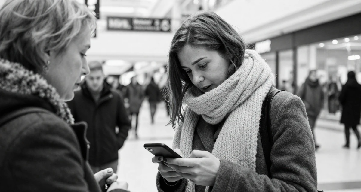 A alluring Female Born in Wales, majored in education studies in their 22, seeking mentorship from older colleagues, wearing a heavy knit scarf and coat, unlocking a phone screen in a shopping mall atrium.