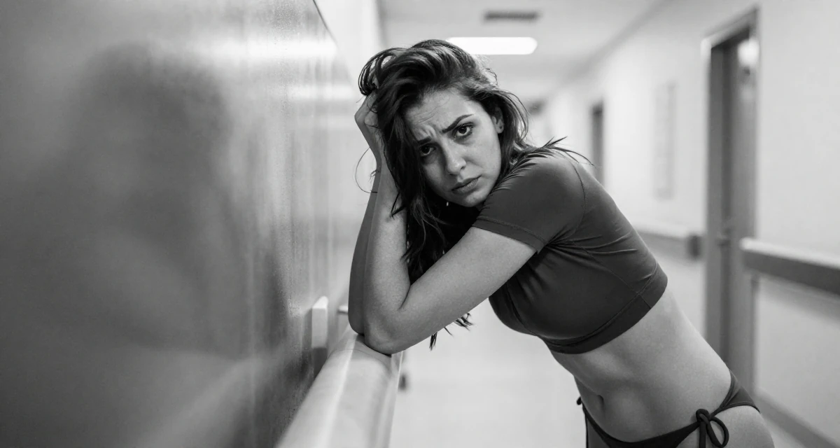 A confused Female From Ankara Türkiye, practiced intimate photography aesthetics in their 28, mastering the art of work-life boundaries, wearing a cropped rash guard and bikini bottom, brushing hair away from the face in a hospital corridor.