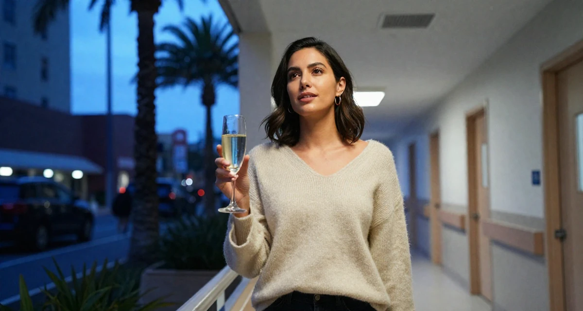 A harmonious Female From New York USA, learned editorial posing through fashion internships in their 32, urban explorer finding beauty in the city, wearing a soft cashmere sweater worn with nothing visible underneath, holding a champagne glass in a hospital corridor.