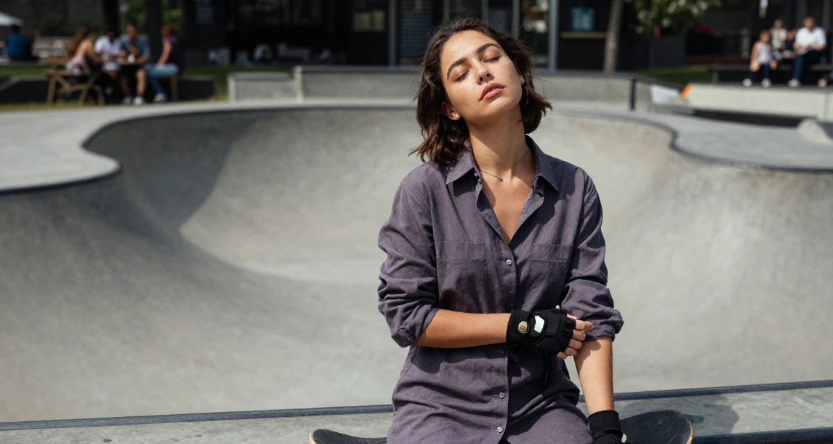 A observant Female Former café waitress, now documenting daily aesthetics for fans in their 23, realizing that friendships require hard work, wearing a button-up shirt dress with the top buttons undone, putting on a glove in a skate park.