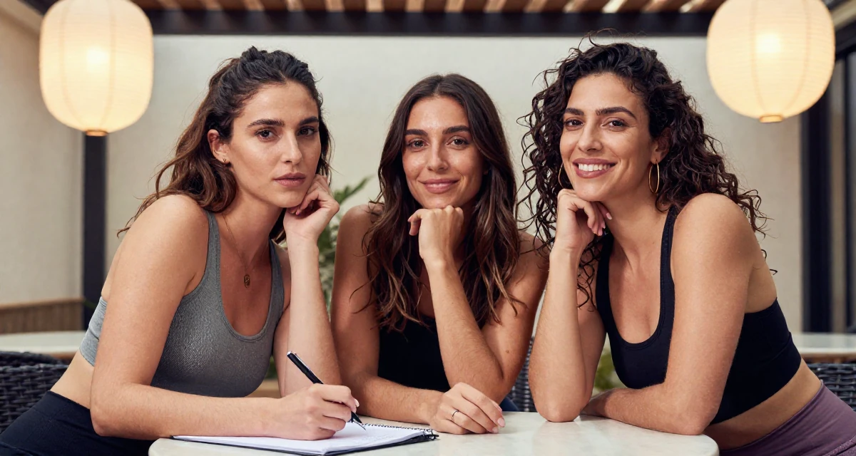 A upbeat Female From Madrid Spain, studied sensual dance and camera presence in their 49, celebrating female friendship and support, wearing a fitted athletic wear, holding a pen poised to write in a sunny patio.