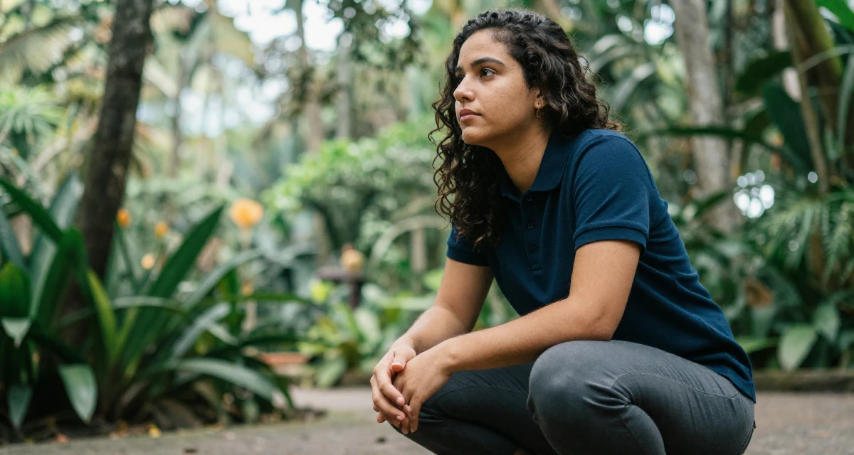 A steady Female From São Paulo Brazil, studied digital entertainment in their 24, forming long-term goals for the first time, wearing a smart polo shirt and slacks, clasping hands together in a botanical garden.