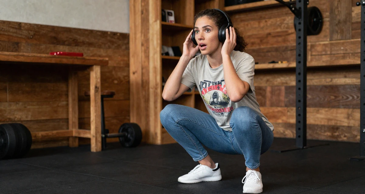 A surprised Female Former phone-shop clerk, now combining tech and lifestyle content in their 38, documenting a home gym transformation, wearing a laid-back graphic tee and jeans, adjusting headphones in a gym interior.