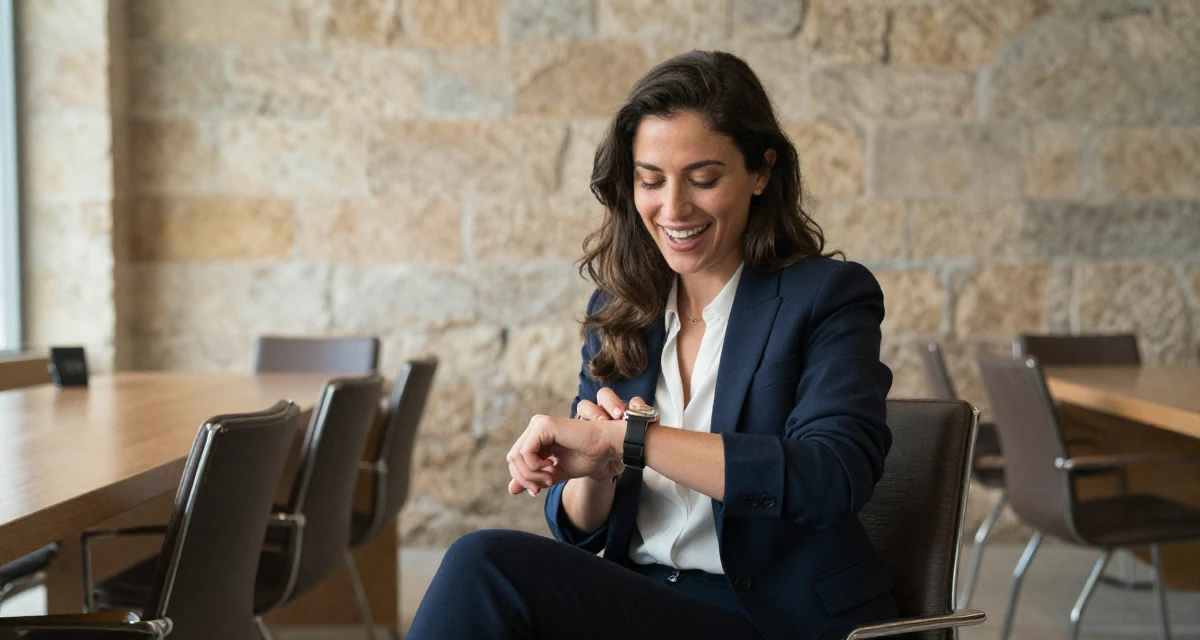 A ecstatic Female From Portugal, majored in architecture in their 47, creating a guide for solo female travel, wearing a sharp business casual attire, glancing at a wristwatch in a conference room.