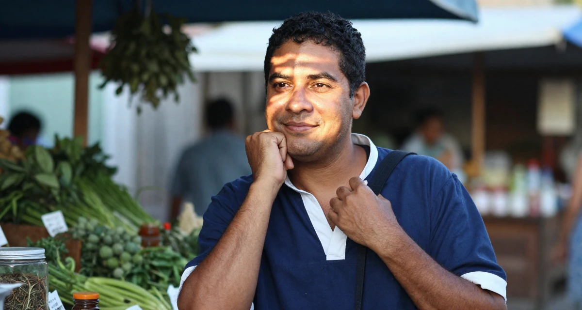 A charming male From Cuba, majored in agricultural economics in their 42, expert in holistic health and herbalism, wearing a navy blue dress with white collar and cuffs, adjusting a shoulder strap in a night market stall.
