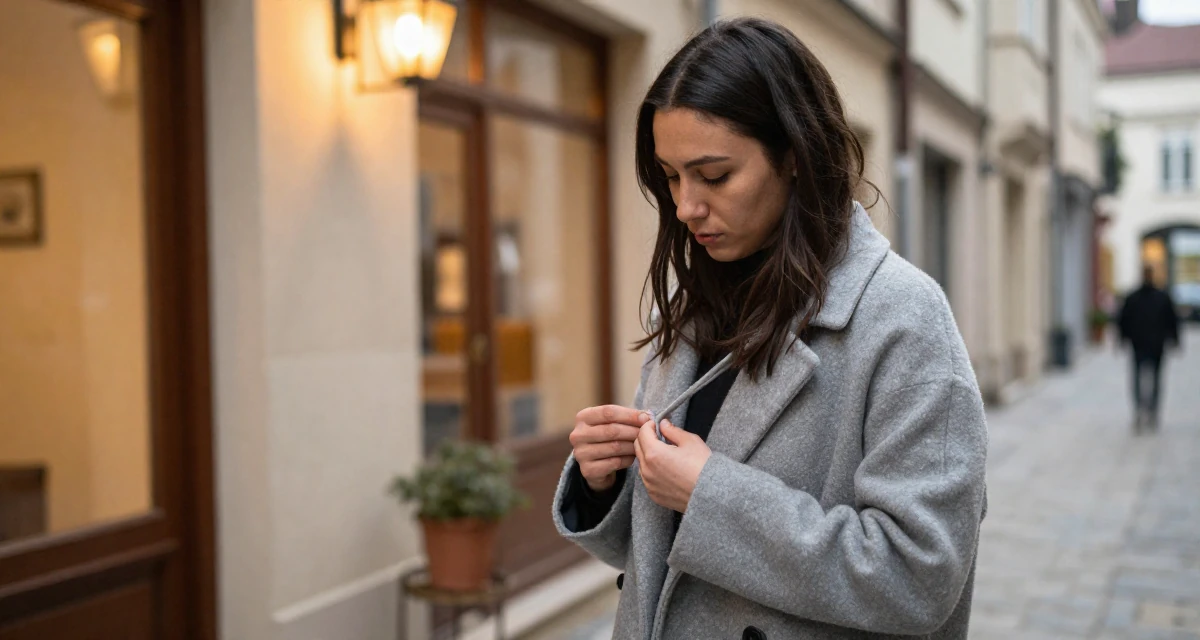 A soulful Female Former pharmacist in training, now teaching wellness routines online in their 24, maintaining anonymity while growing faster, wearing a elegant woolen coat styling, tying a shoelace in a quaint European street.