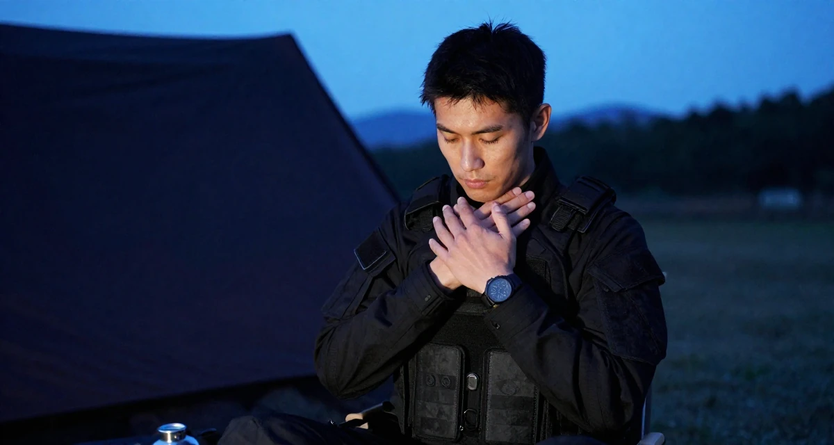 A shy male From Japan, majored in mechanical engineering in their 36, rebuilding after a breakup, wearing a special forces tactical suit in matte black, rubbing hands together for warmth in a camping site.
