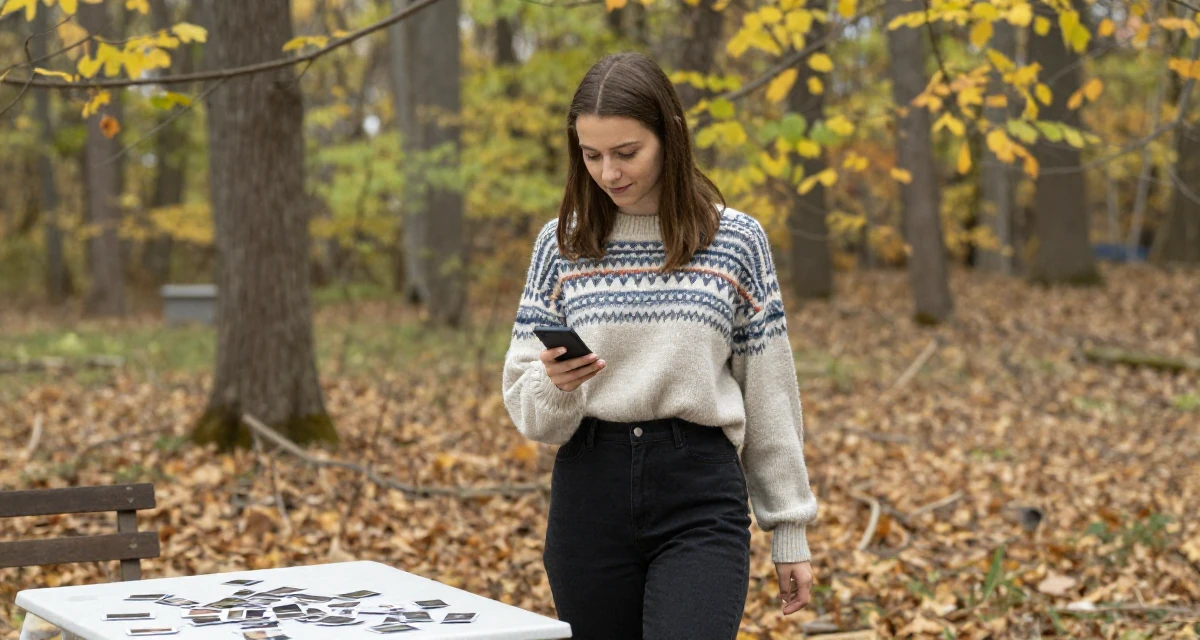 A sympathetic Female Raised in Romania, studied entertainment marketing in their 41, sharing the reality of raising high schoolers, wearing a vintage sweater and high-waist pants, scrolling casually in a autumn forest.