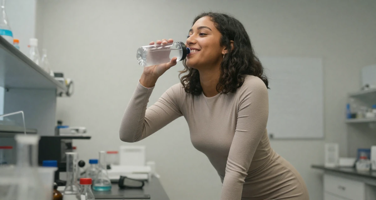 A warm and welcoming Female From United States, studied French literature in their 20, radiating fresh-faced youthful energy, wearing a long-sleeve bodycon midi dress in neutral tones, drinking from a water bottle in a science lab.