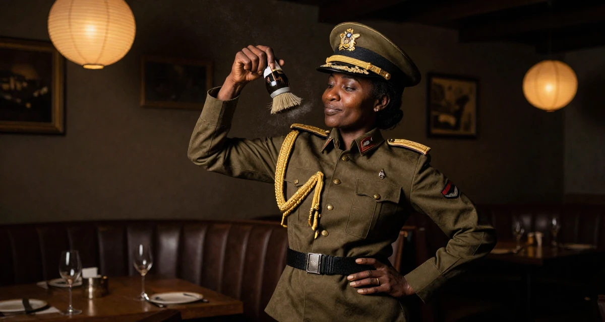 A contented Female From Uganda, majored in telecommunication engineering in their 45, expert in vintage wine and culinary arts, wearing a military general uniform with gold braiding and a hat, brushing off dust in a restaurant booth.