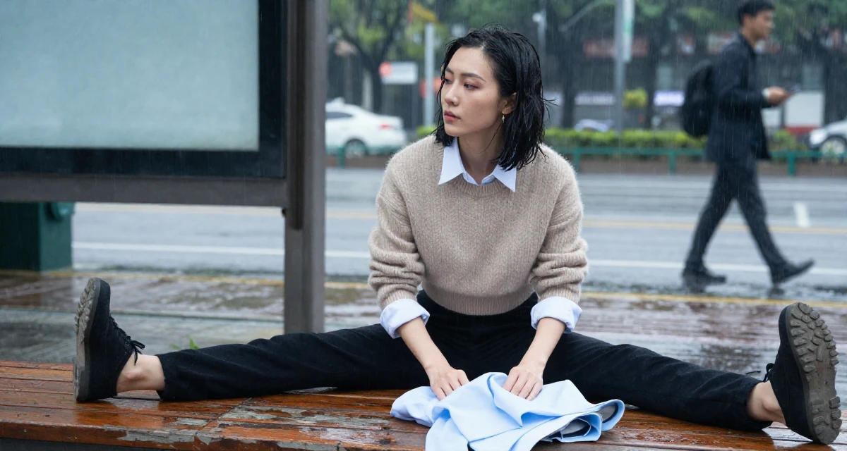 A contemplative Female From Shenzhen China, studied makeup artistry while modeling part-time in their 47, revitalizing a marriage after twenty years, wearing a cropped sweater over a collared shirt, smoothing out clothes in a bus stop in the rain.