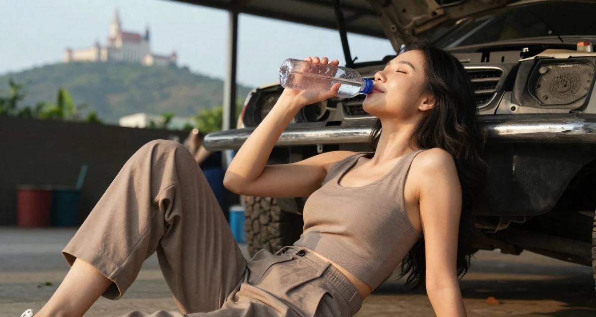 A pleased Female From Vietnam, based in Nha Trang, graduated from a media school majoring in soft-romantic content direction in their 25, developing a stronger creator identity and niche, wearing a muted earth-tone clothing set, drinking from a water bottle in a mechanic garage.