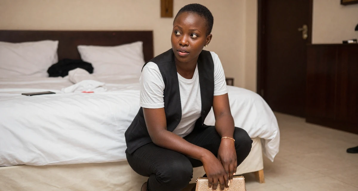 A observant Female From Mali, majored in agricultural management in their 23, exploring feminine power through suggestive styling, wearing a casual vest and t-shirt layer, clutching a clutch bag in a wedding venue.