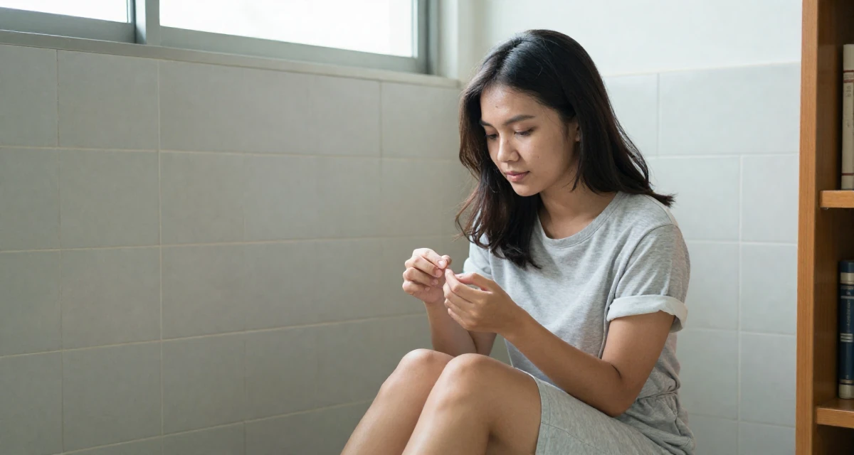 A gentle Female From Indonesia, based in Surabaya, graduated from a creative academy majoring in multimedia arts in their 42, restarting career after burnout, wearing a t-shirt dress with the sleeves rolled up, inspecting fingernails in a quiet library corner.