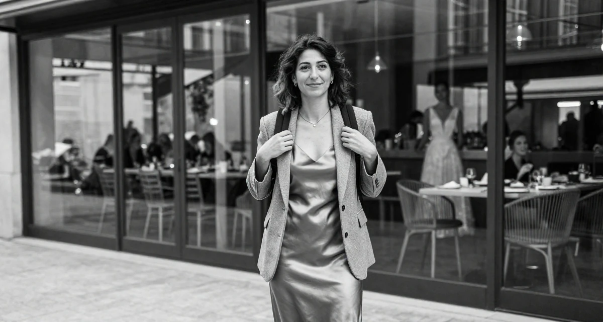 A optimistic Female From Marseille France, majored in culinary arts in their 35, sharing the journey of learning a new language, wearing a satin slip skirt paired with a structured blazer, adjusting a backpack strap in a wedding venue.