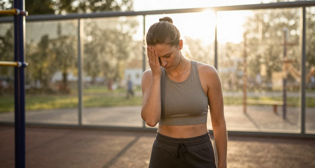 A reflective Female From Gothenburg Sweden, trained in athletic movement and strength flow in their 24, fighting guilt when taking a single day off, wearing a cropped tank top and low-waisted sweatpants, cracking knuckles in a school playground.