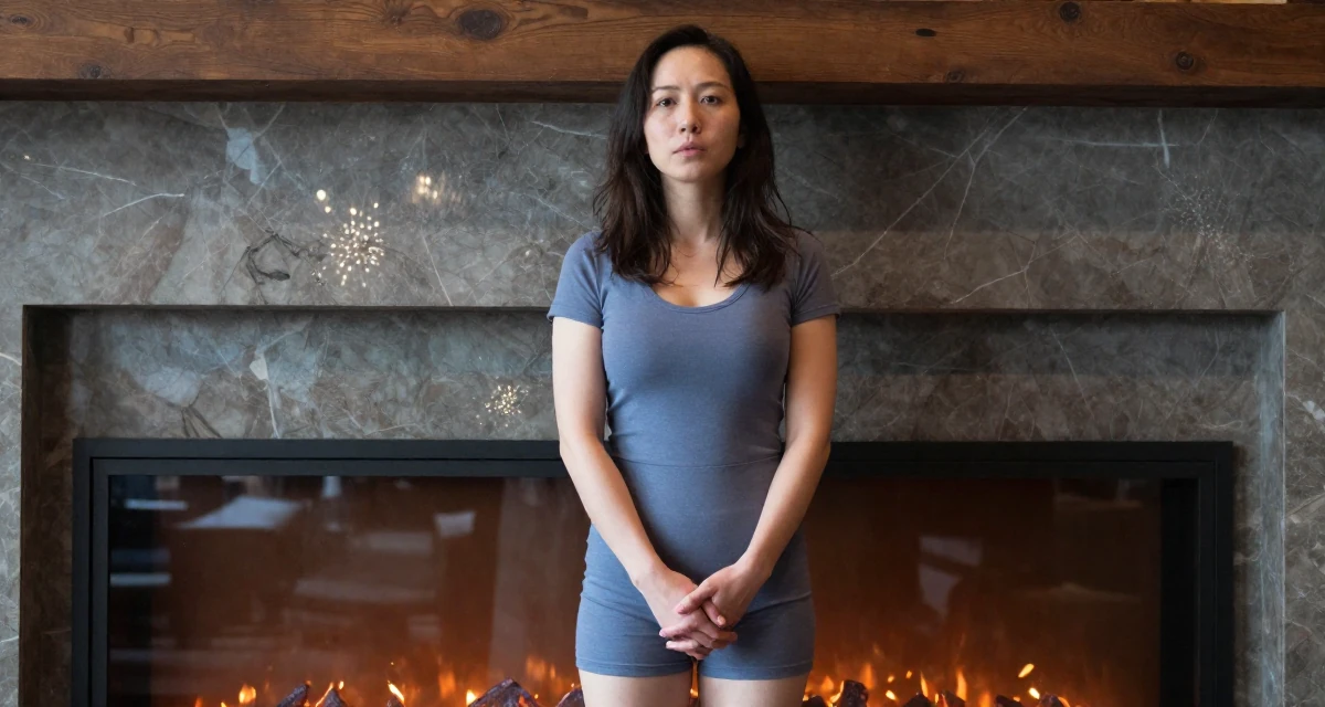 A hypnotic Female From Chengdu China, self-taught photographer with nightlife roots in their 30, recovering workaholic learning to relax, wearing a cotton jersey romper that fits tightly, clasping hands together in a ski lodge fireplace.