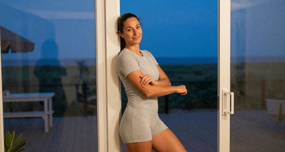 A friendly and approachable Female Once a lifeguard, now shooting athletic, beach-centered content in their 25, letting go of the need to please everyone, wearing a cotton jersey romper that fits tightly, adjusting sleeves in a yoga studio.