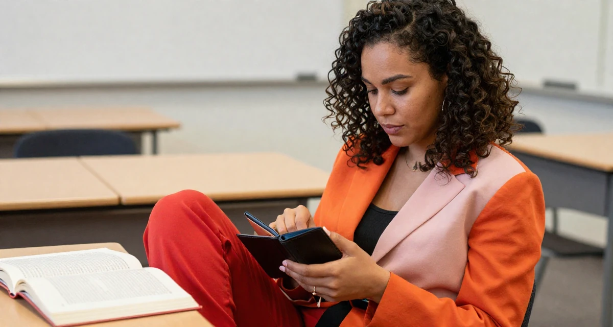 A steady Female From Finland, based in Espoo, graduated from a design institute majoring in atmospheric lighting arts in their 23, refining seductive expression through skilled camera work, wearing a bold color-block outfit, checking a wallet in a classroom setting.