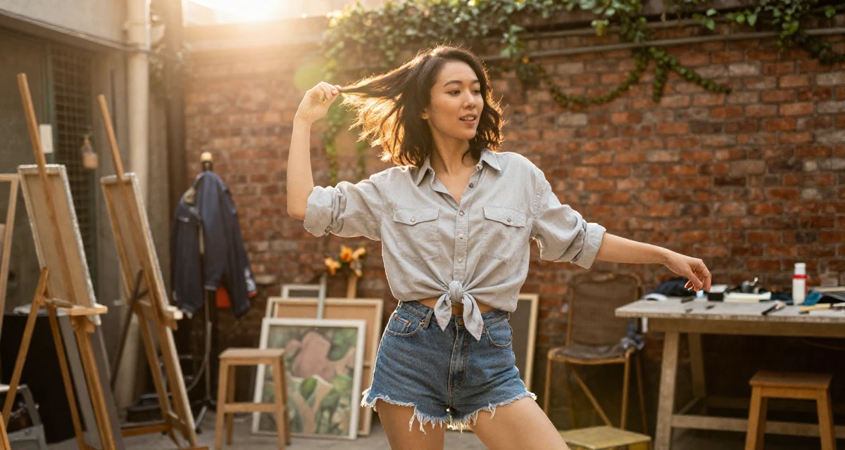 A enthusiastic Female From Hong Kong, trained in contemporary dance and visual expression in their 42, focused on stability over ambition, wearing a button-down shirt tied at the waist and denim cutoffs, putting on a jacket in a artist workshop.