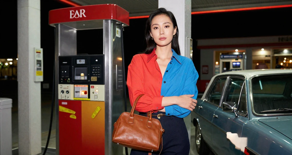 A proud and dignified Female From Chengdu China, self-taught photographer with nightlife roots in their 36, expert in interior design and home decor, wearing a bold color-block outfit, carrying a leather handbag in a gas station at night.