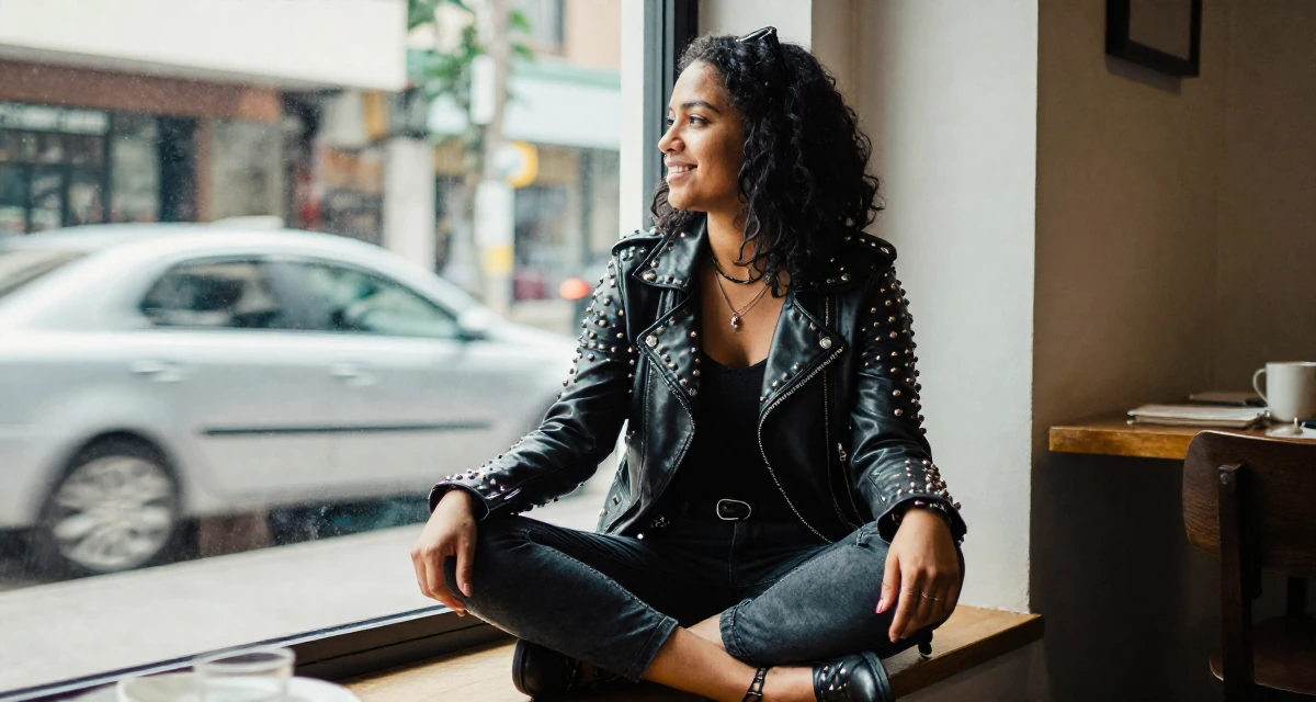 A delighted Female From Gabon, studied oil and gas management in their 24, forming long-term goals for the first time, wearing a heavy metal rocker outfit with studs and leather, looking out the window in a dining room.